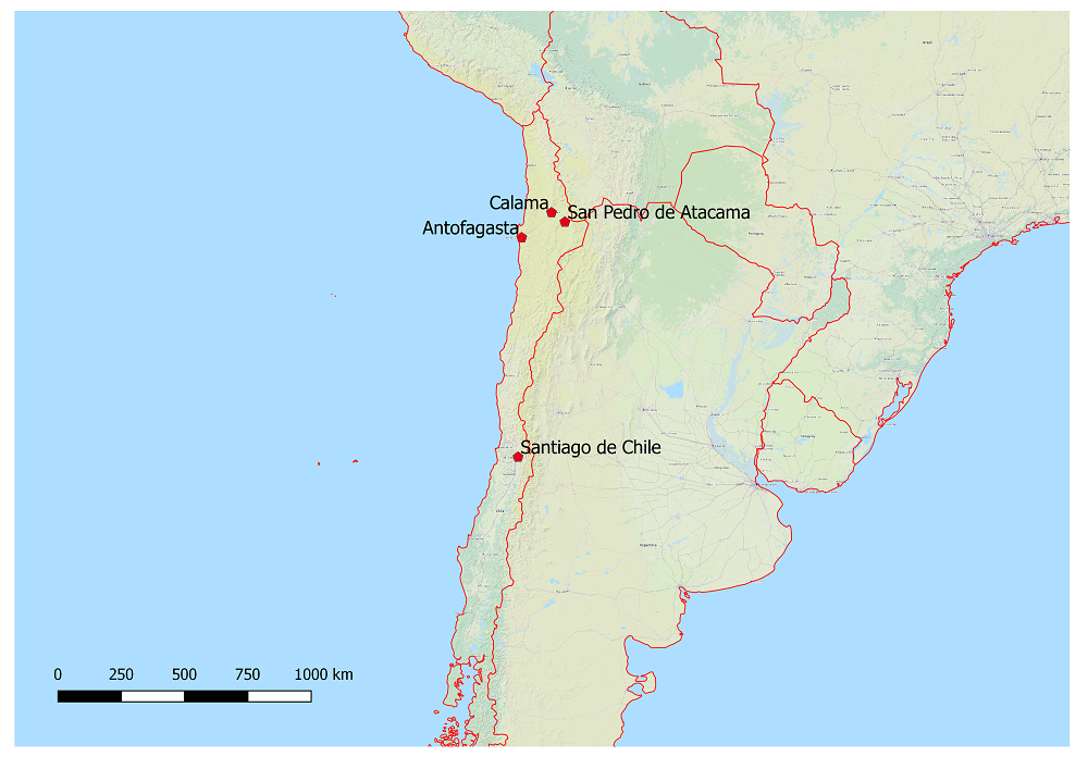 San Pedro de Atacama befindet sich ~45 km südöstlich von Calama und mehr als 1.000 km nördlich von Santiago de Chile